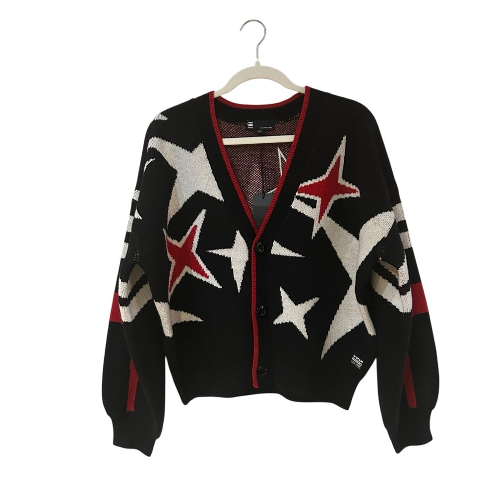 G-Star Holiday Loose Knitted Cardigan Sz M Wool Blend Star Graphic Sweater - Picture 2 of 13